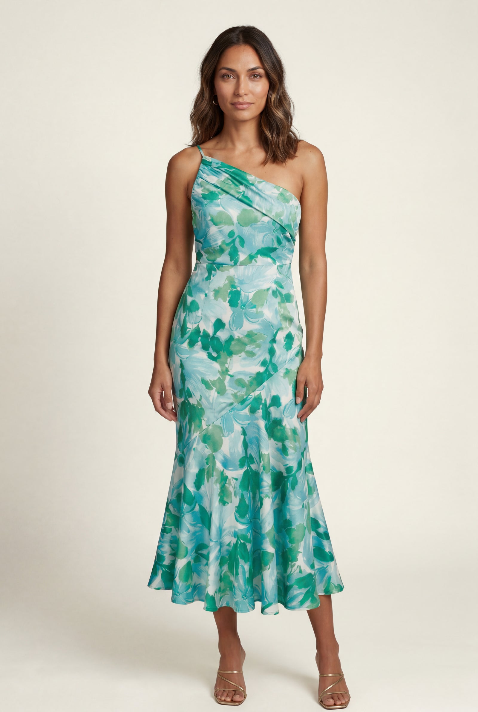 Light Blue Asymmetrical One-shoulder Floral Print Midi Dress - Photo 1