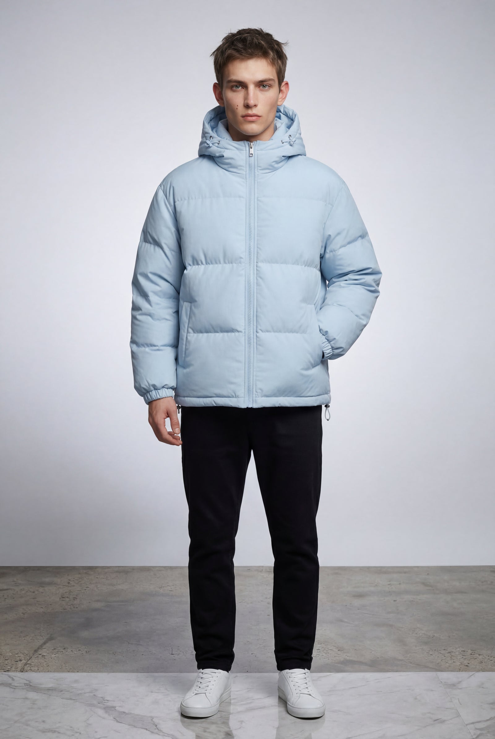 Light Blue Boxy Hooded Puffer Jacket with High Neck - Hooded jackets - Photo 10