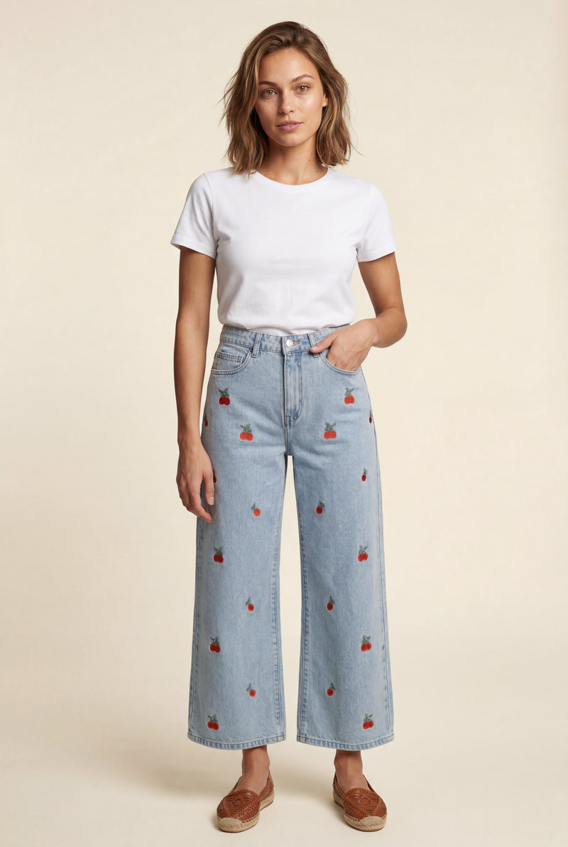 Light Blue Cherry Embroidered Light Blue Wide-leg High-waisted Jeans - Wide leg jeans - Photo 1