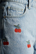 Light Blue Cherry Embroidered Light Blue Wide-leg High-waisted Jeans - Wide leg jeans - Photo 3