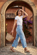 Light Blue Cherry Embroidered Light Blue Wide-leg High-waisted Jeans - Wide leg jeans - Photo 4