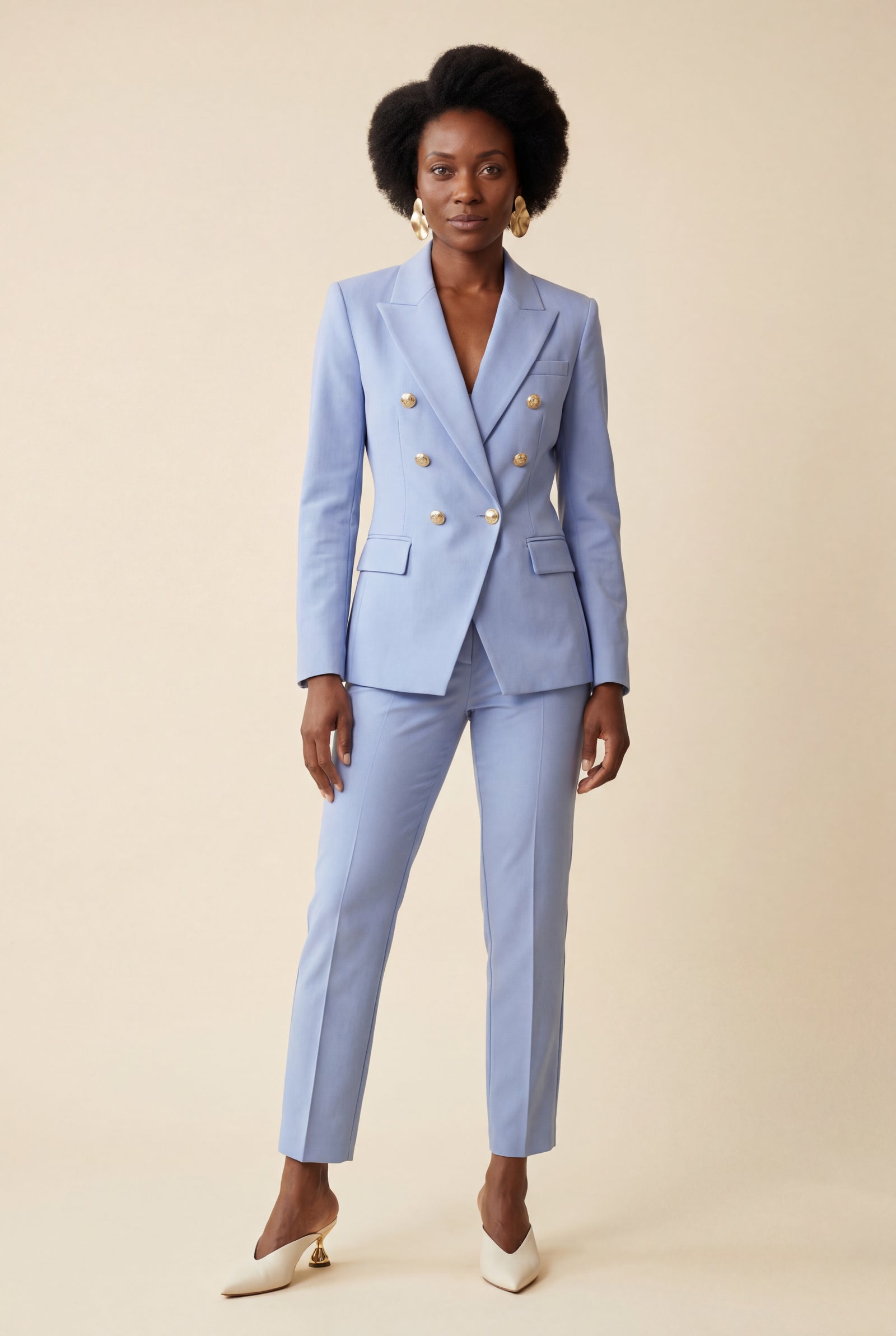 Light Blue Double-breasted Blazer and Slim Trouser Suit Set - Photo 10