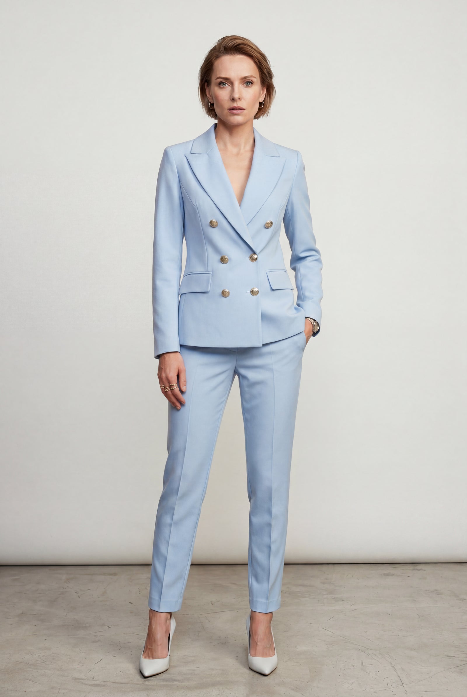 Light Blue Double-breasted Fitted Jacket and Slim Trouser Suit Set - Photo 1