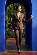 Brown Double-breasted Fitted Jacket and Slim Trouser Suit Set - Photo 10