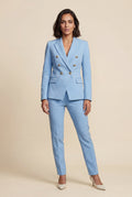 Light Blue Double-breasted Fitted Jacket and Slim Trouser Suit Set - Photo 11