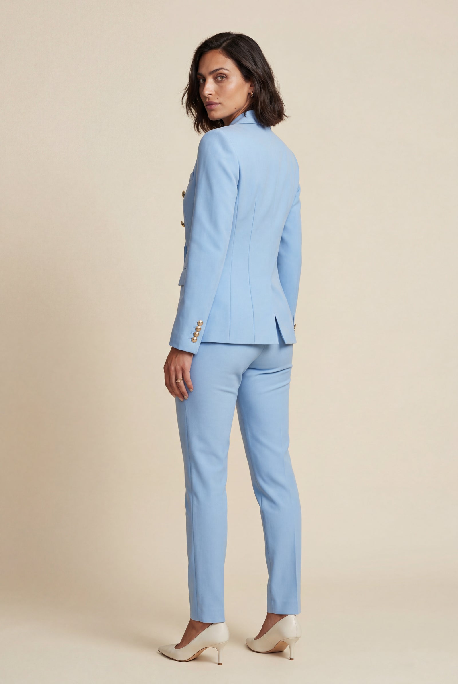 Light Blue Double-breasted Fitted Jacket and Slim Trouser Suit Set - Photo 12