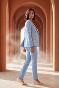 Light Blue Double-breasted Fitted Jacket and Slim Trouser Suit Set - Photo 15