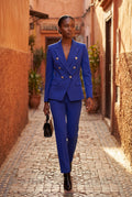 Blue Double-breasted Fitted Jacket and Slim Trouser Suit Set - Photo 18