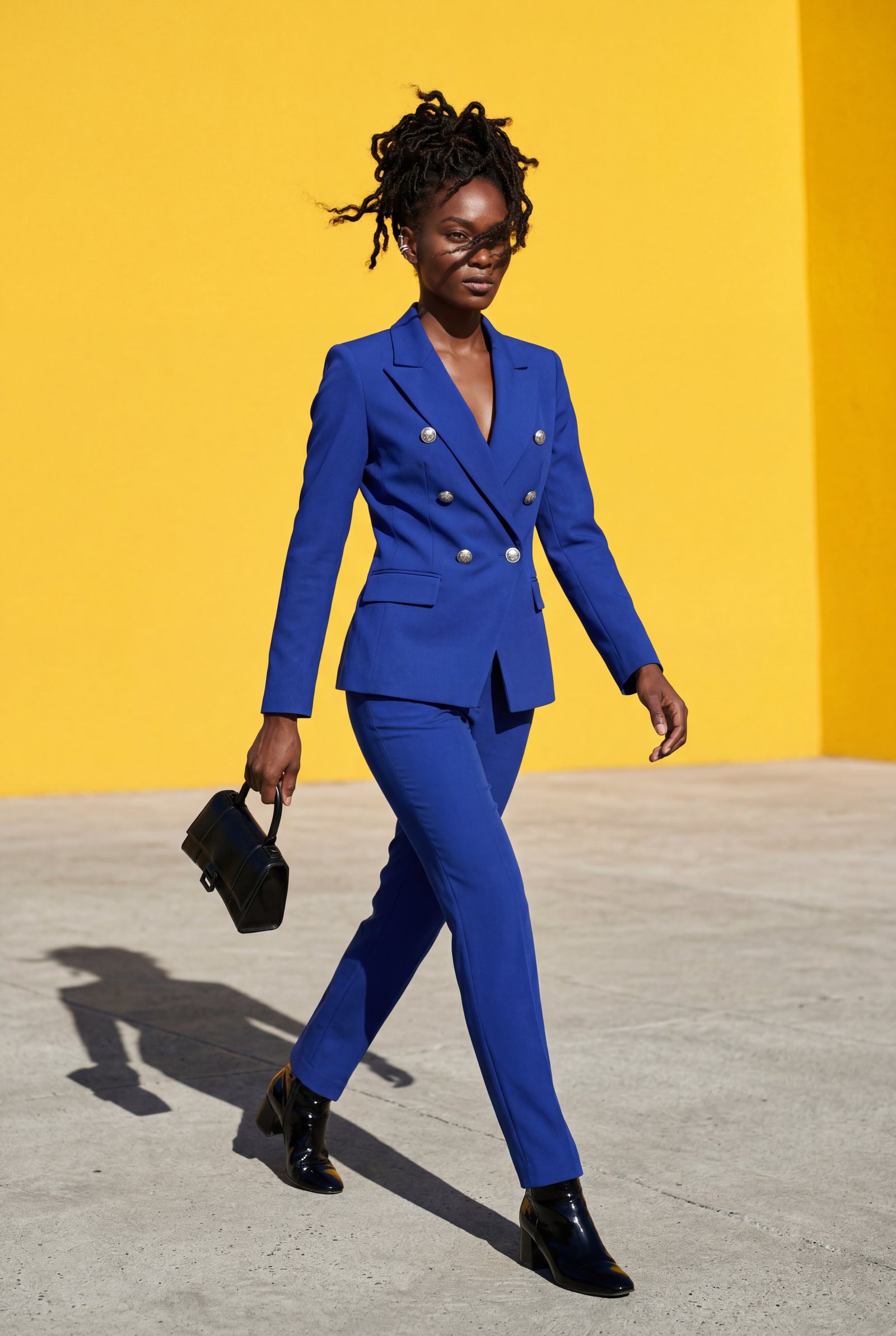 Blue Double-breasted Fitted Jacket and Slim Trouser Suit Set - Photo 22