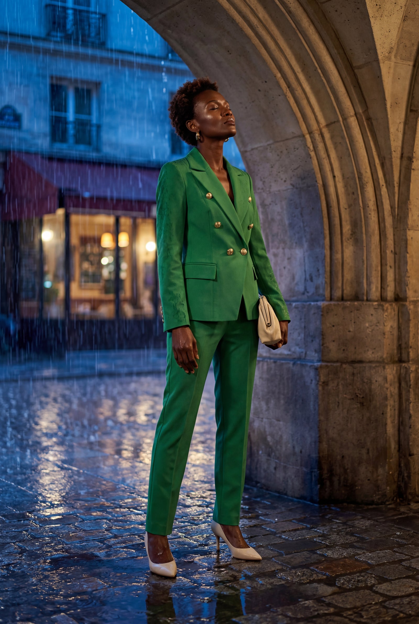 Green Double-breasted Fitted Jacket and Slim Trouser Suit Set - Photo 29