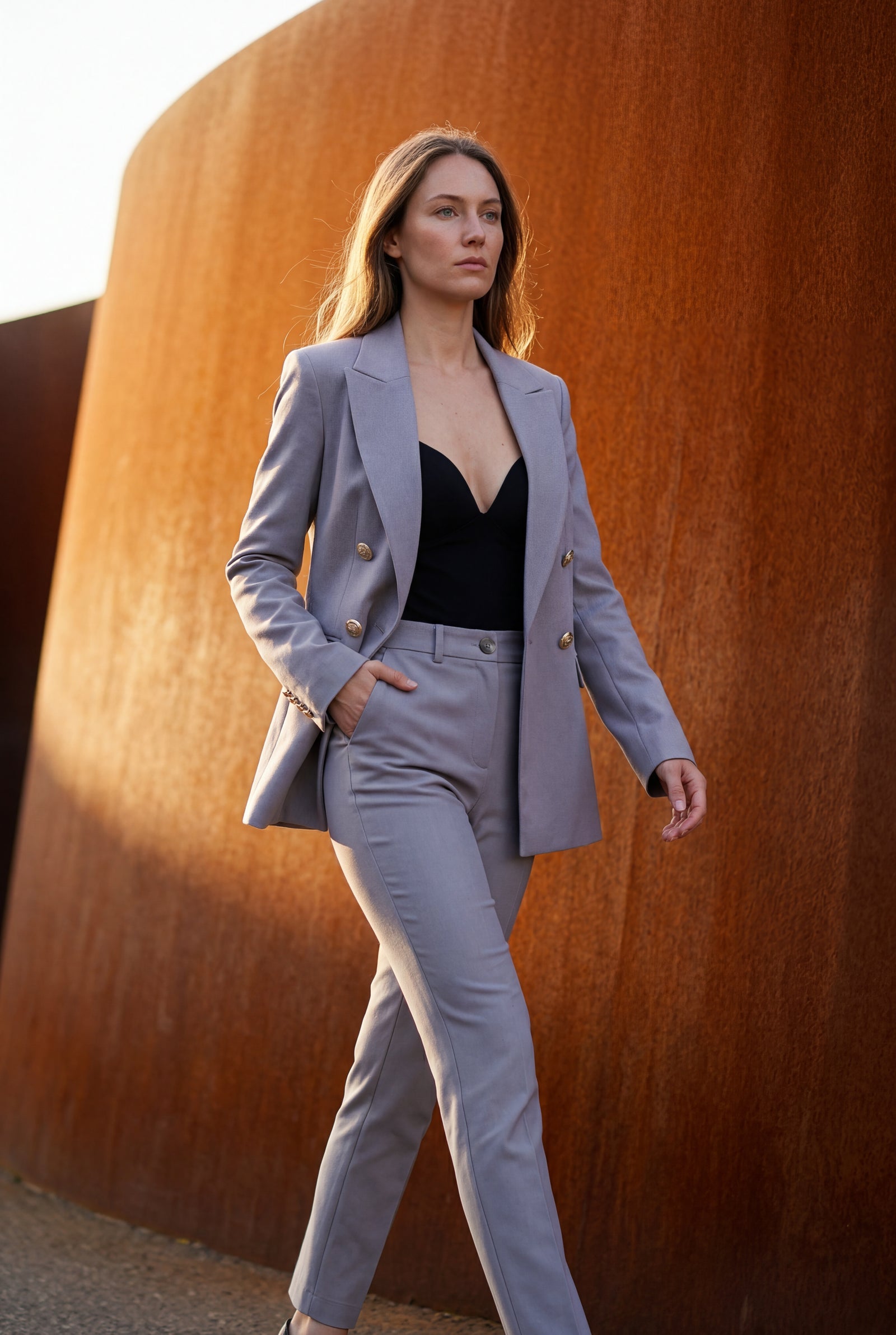 Gray Double-breasted Fitted Jacket and Slim Trouser Suit Set - Photo 31