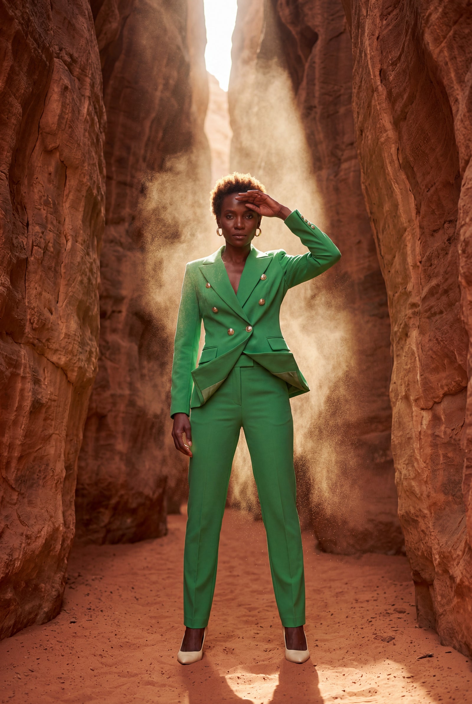 Green Double-breasted Fitted Jacket and Slim Trouser Suit Set - Photo 32