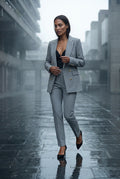 Gray Double-breasted Fitted Jacket and Slim Trouser Suit Set - Photo 33