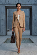 Beige Double-breasted Fitted Jacket and Slim Trouser Suit Set - Photo 36