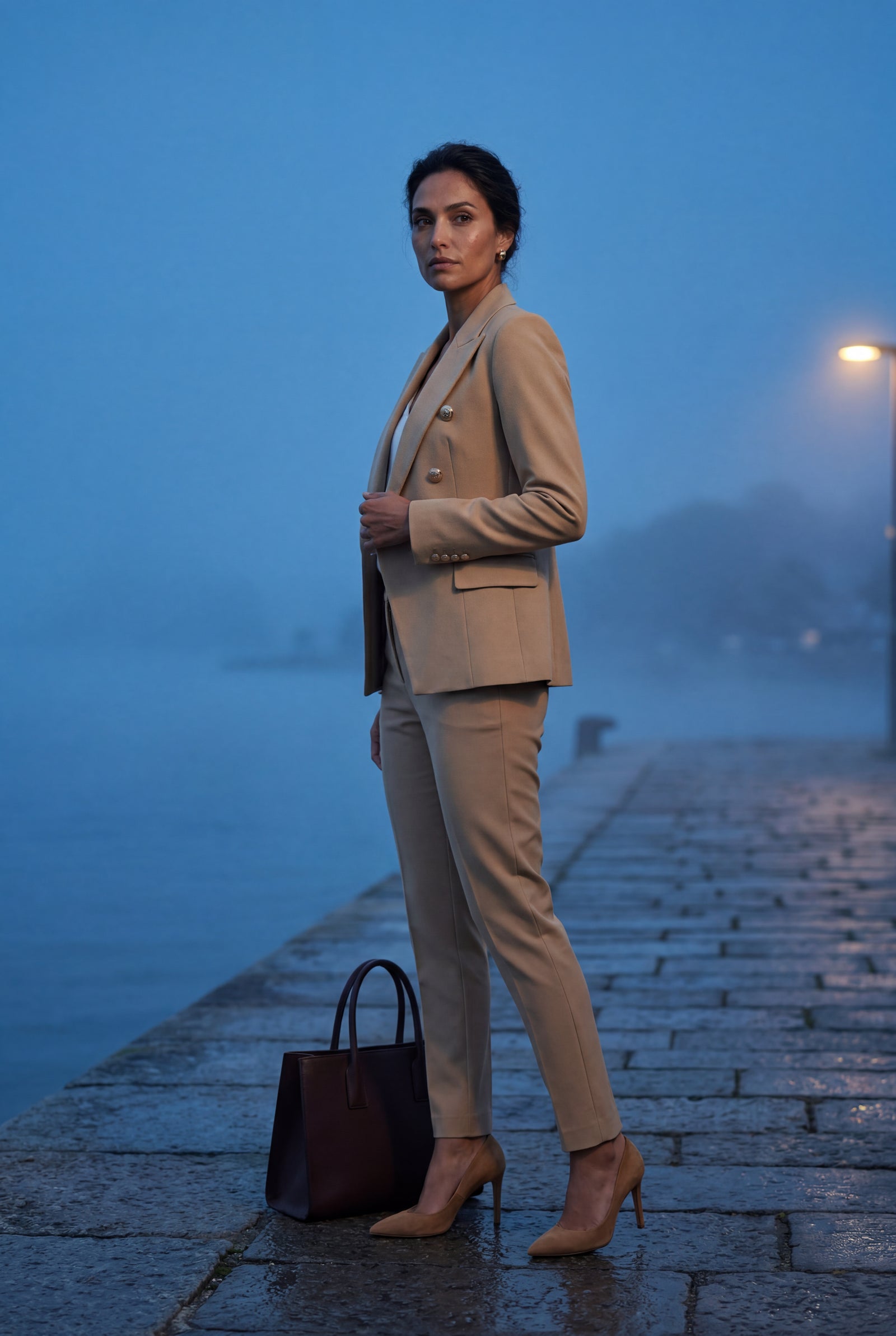 Beige Double-breasted Fitted Jacket and Slim Trouser Suit Set - Photo 37