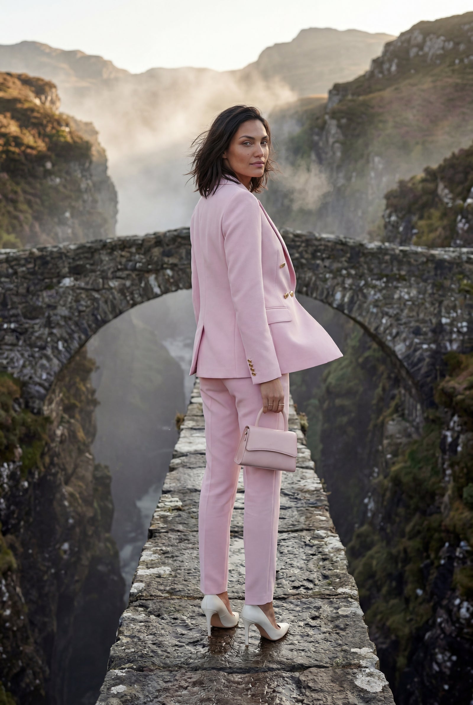 Pink Double-breasted Fitted Jacket and Slim Trouser Suit Set - Photo 6