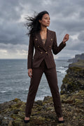 Brown Double-breasted Fitted Jacket and Slim Trouser Suit Set - Photo 9