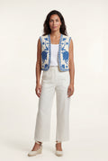 Light Blue Embroidered Cropped Open-front Vest with Floral Border - Photo 1