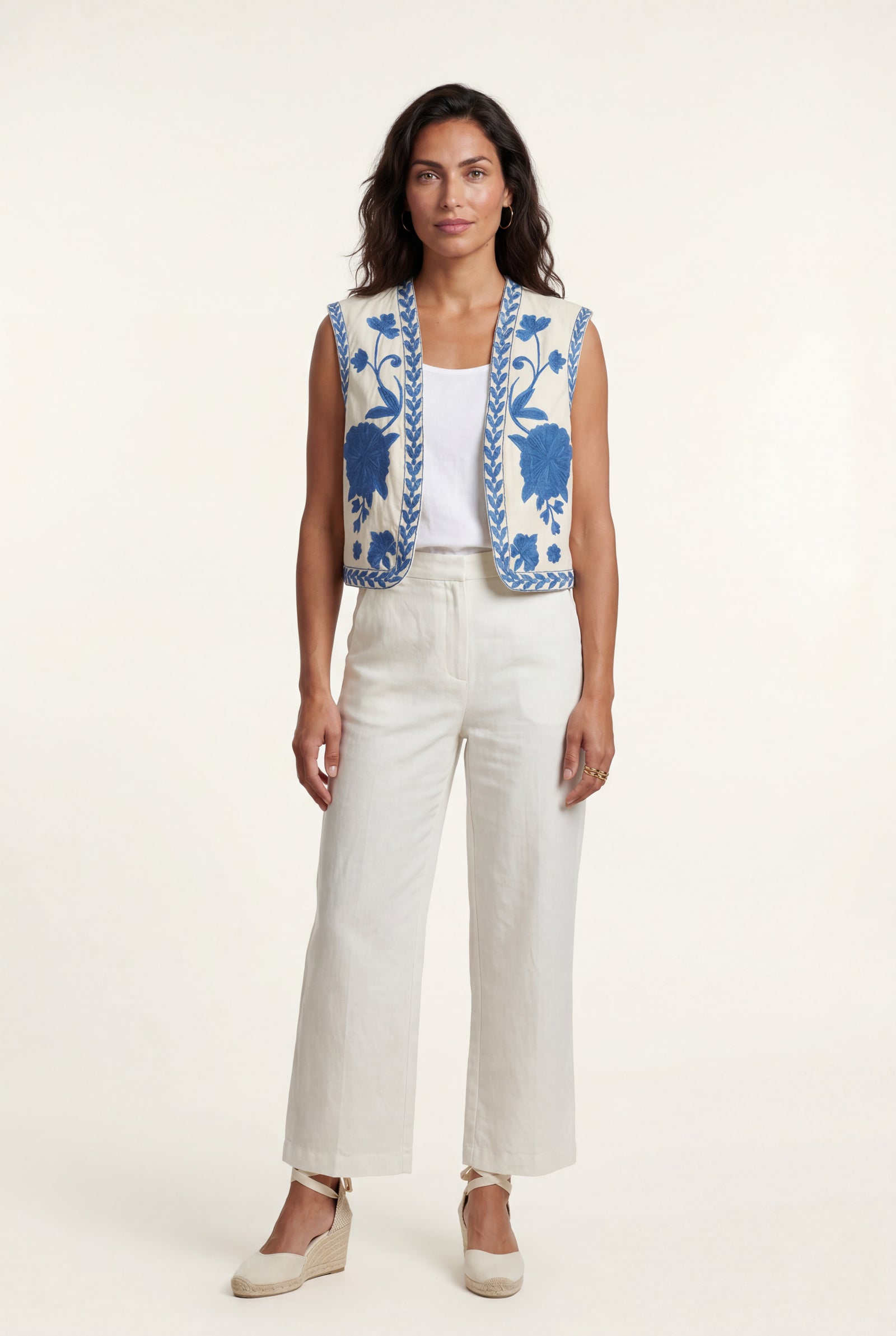 Light Blue Embroidered Cropped Open-front Vest with Floral Border - Photo 1