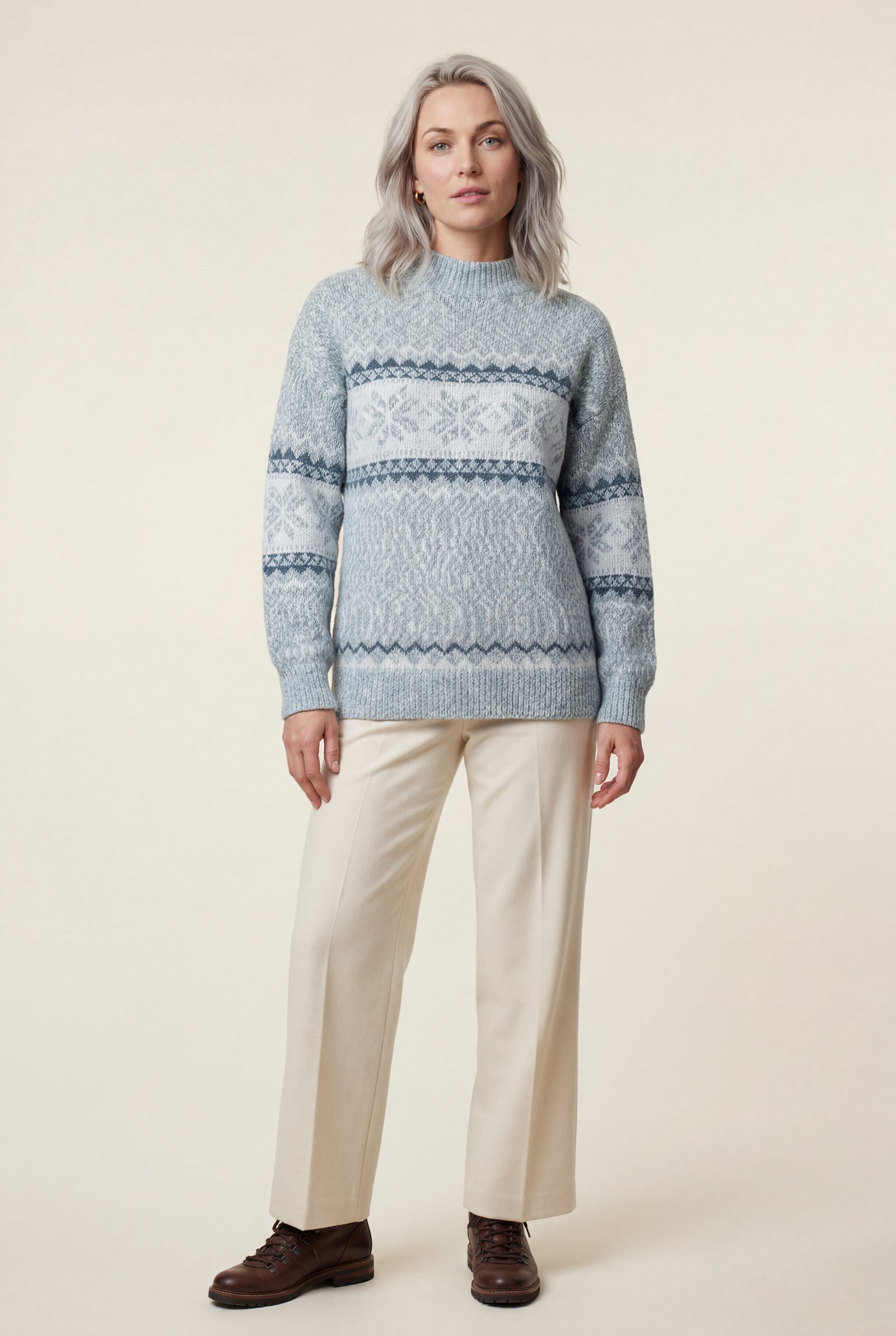 Light Blue Fair Isle Snowflake Relaxed Holiday Sweater - Photo 3