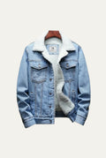 Fleece-Lined Denim Trucker Jacket in Light Blue — front view