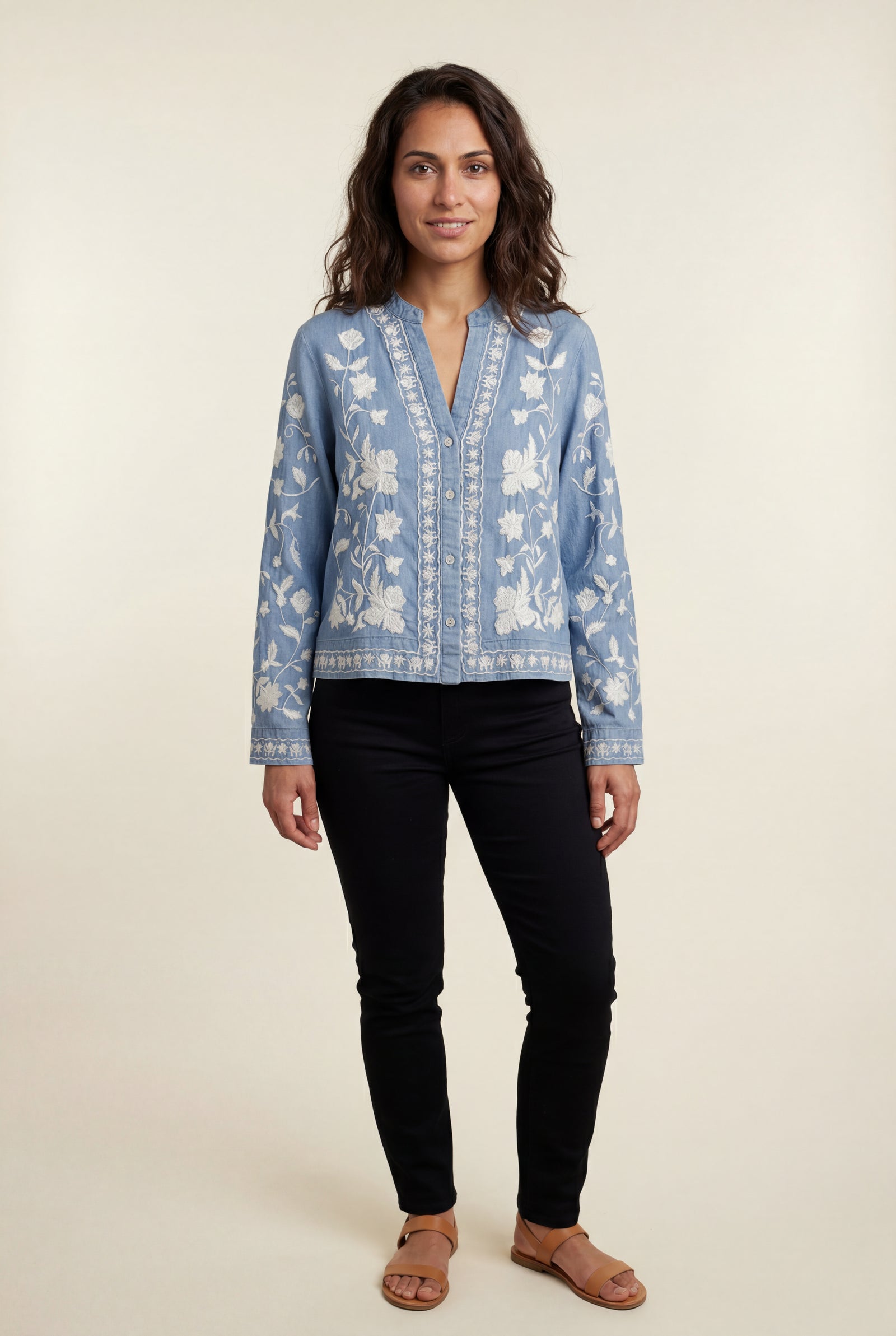 Light Blue Floral Embroidered Button-front Blouse with V-neckline - Blouses - Photo 5