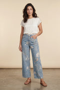 Light Blue Floral Print High-waist Wide-leg Blue Jeans - High waist jeans - Photo 1