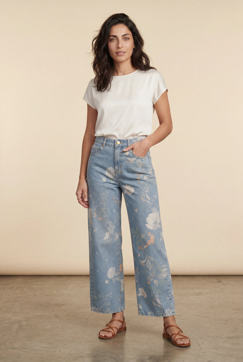 Light Blue Floral Print High-waist Wide-leg Blue Jeans - High waist jeans - Photo 1