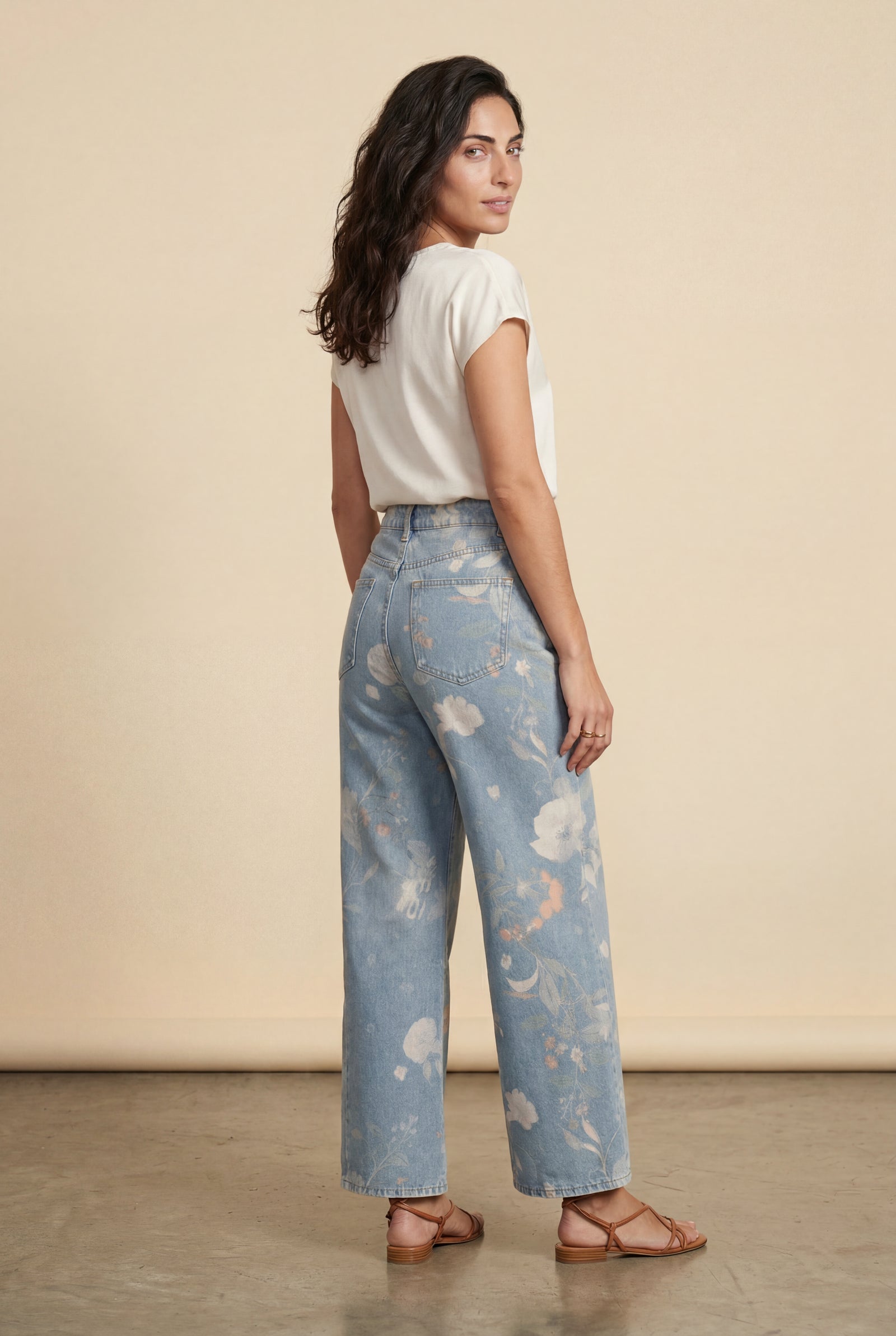 Light Blue Floral Print High-waist Wide-leg Blue Jeans - High waist jeans - Photo 2