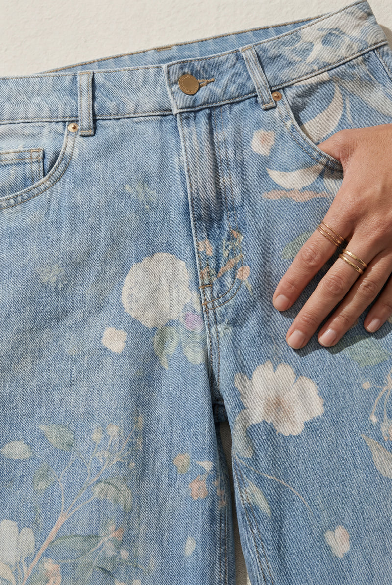 Light Blue Floral Print High-waist Wide-leg Blue Jeans - High waist jeans - Photo 3
