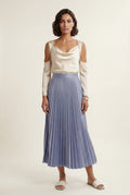 Light Blue High-waisted A-line Pleated Midi Skirt - Photo 3