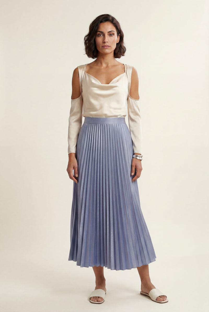 Light Blue High-waisted A-line Pleated Midi Skirt - Photo 3