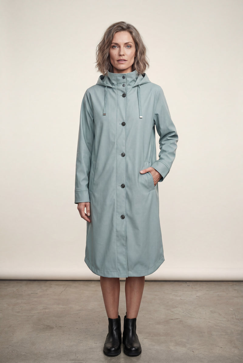 Light Blue Hooded Snap Button Long Parka Coat with Adjustable Waist - Long coat - Photo 2