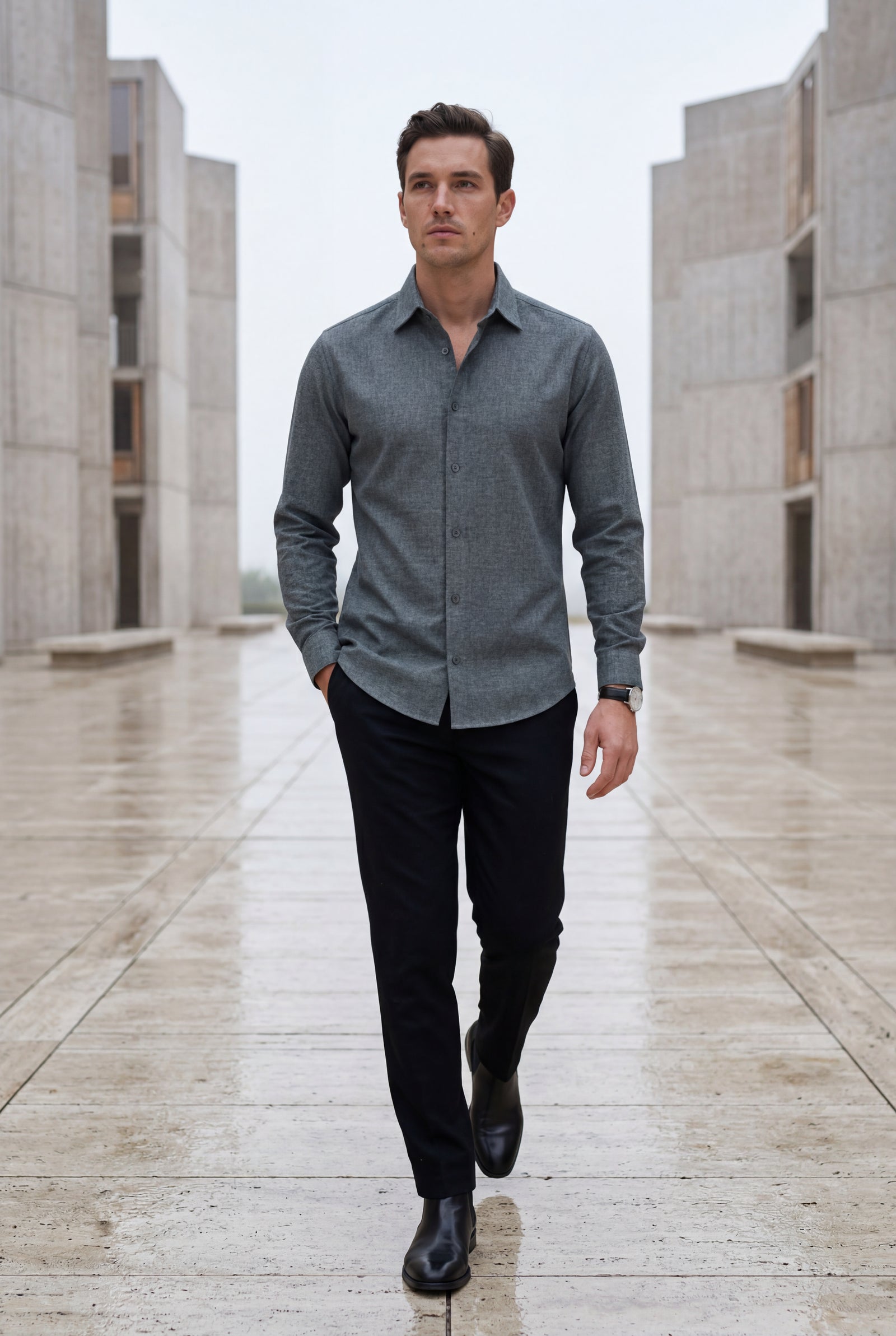 Gray Lightweight Textured Regular Fit Long Sleeve Shirt - Casual Shirts - Photo 6