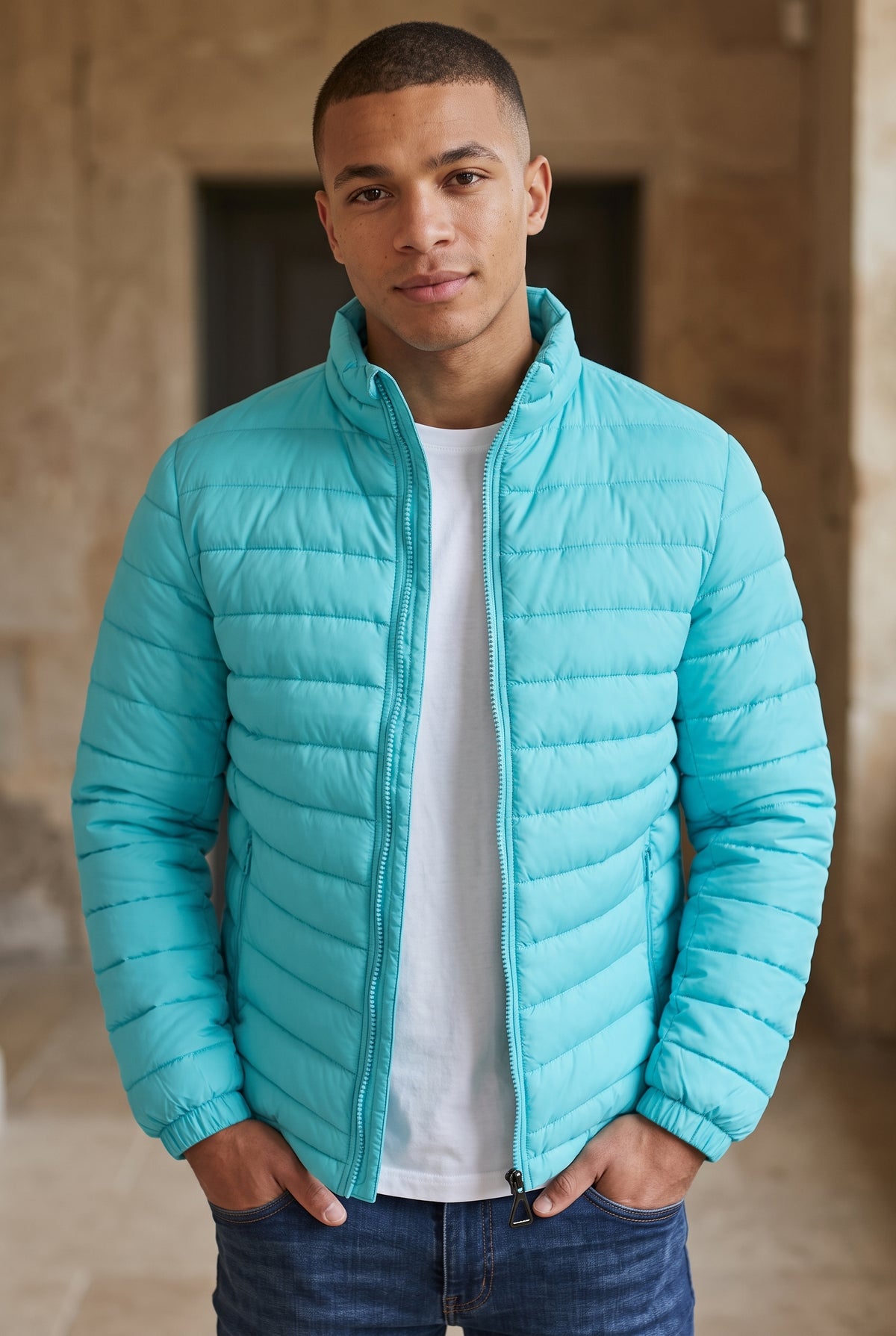 Quilted Puffer Jacket in Turquoise — studio front