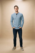 Men's Henley Shirt Long Sleeve Button Placket in Light Blue — studio front