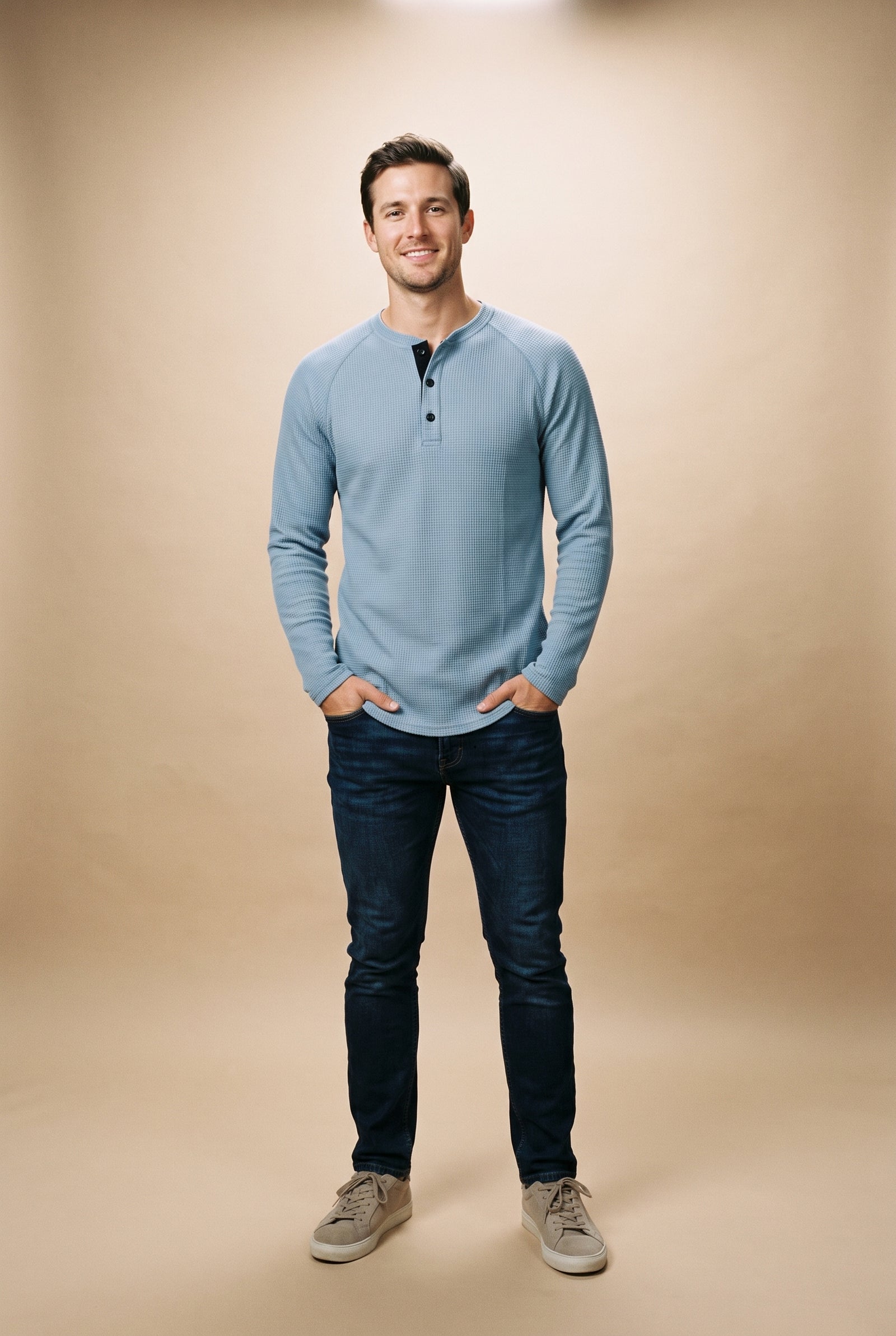 Men's Henley Shirt Long Sleeve Button Placket in Light Blue — studio front