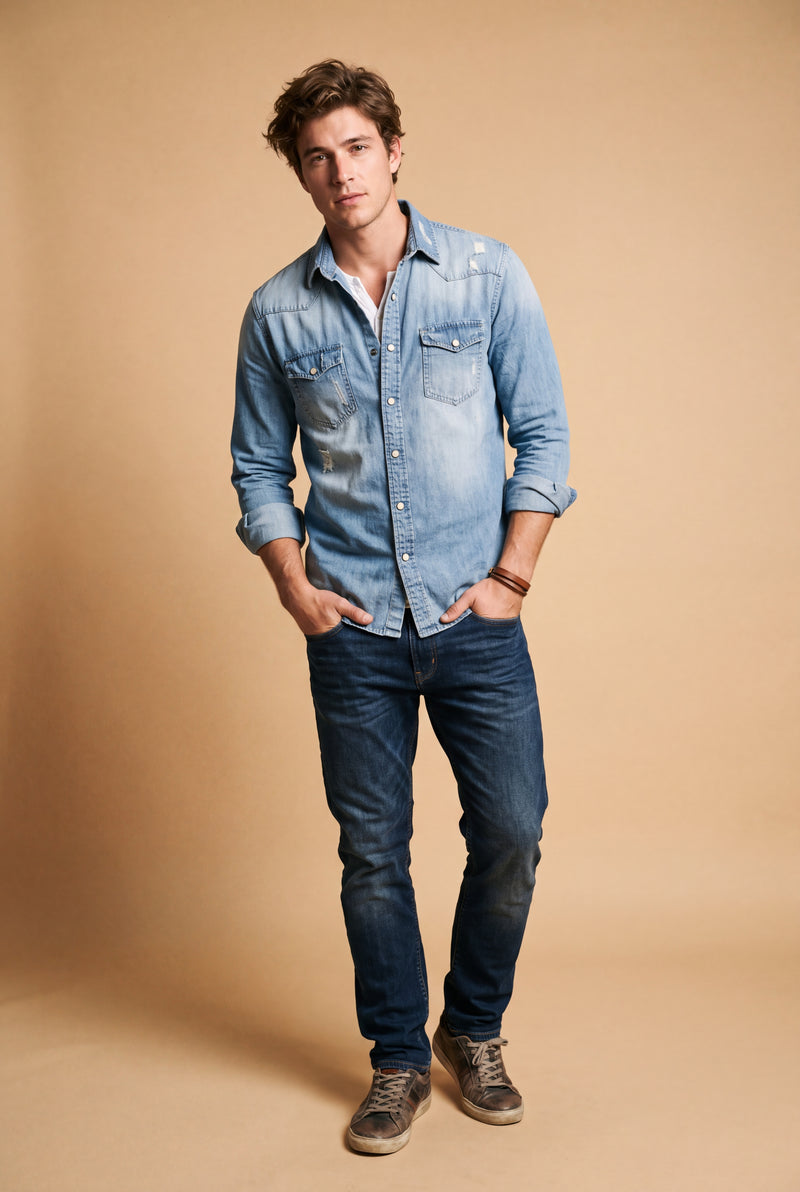 Men's Shirt Long Sleeve Vintage Look in Light Blue — studio primary