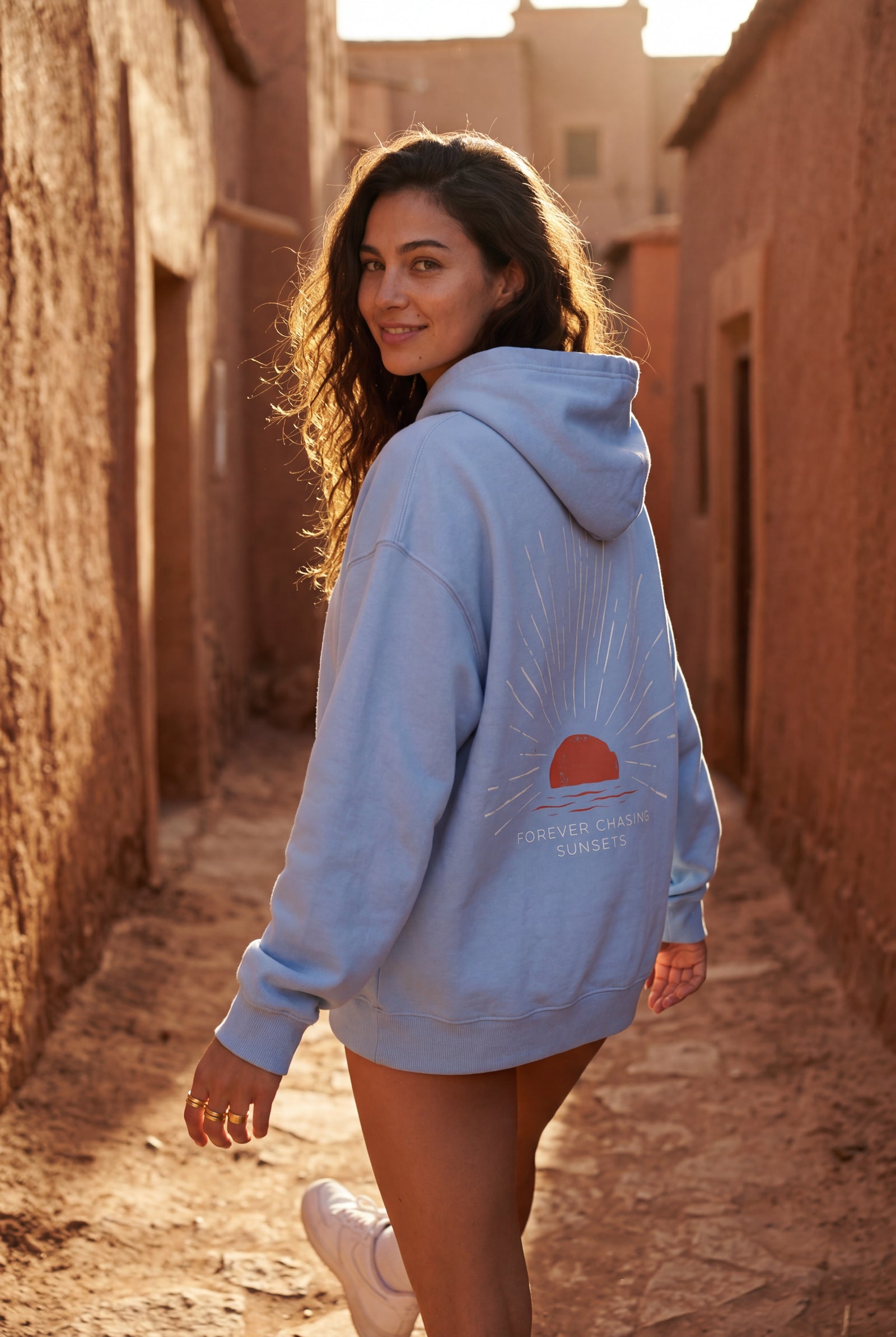 Light Blue Oversized Sun Print Back Graphic Hoodie - Oversized hoodie - Photo 3