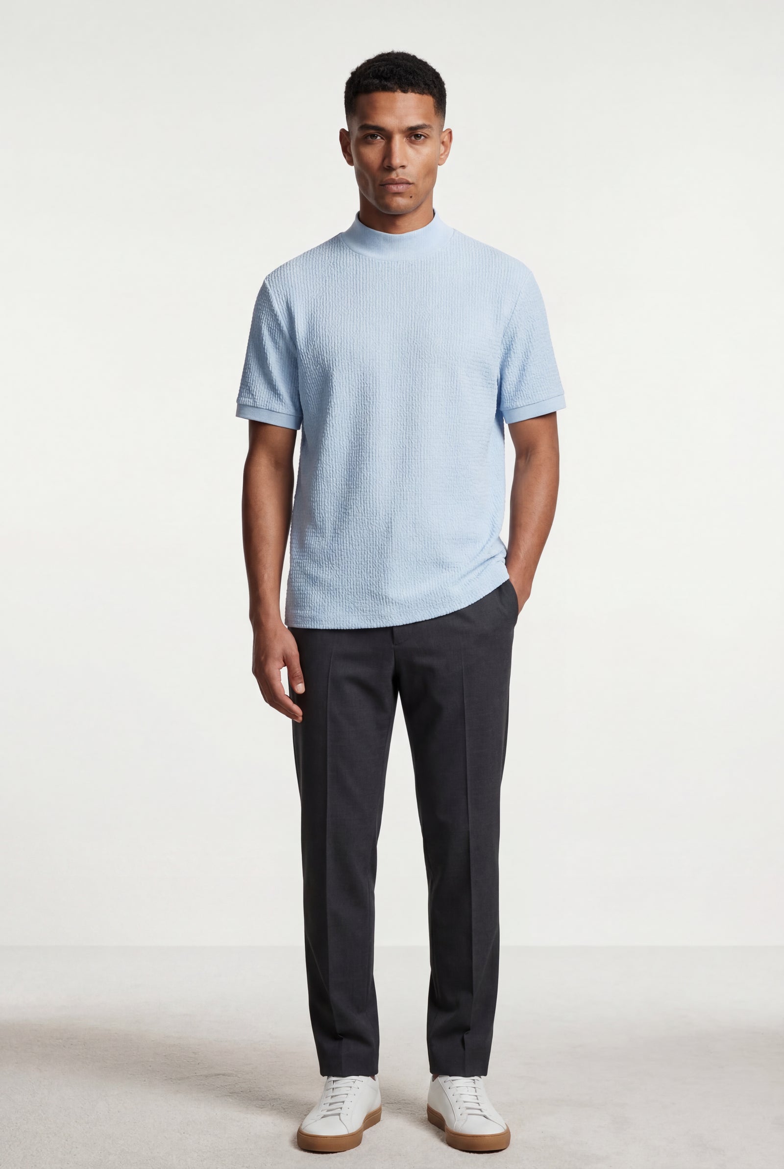 Light Blue Ribbed Mock Neck Short Sleeve Sweater Shirt - Short sleeve shirt - Photo 7