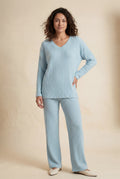 Light Blue Ribbed Wide-leg Two-piece Loungewear Set - Two-piece set - Photo 8