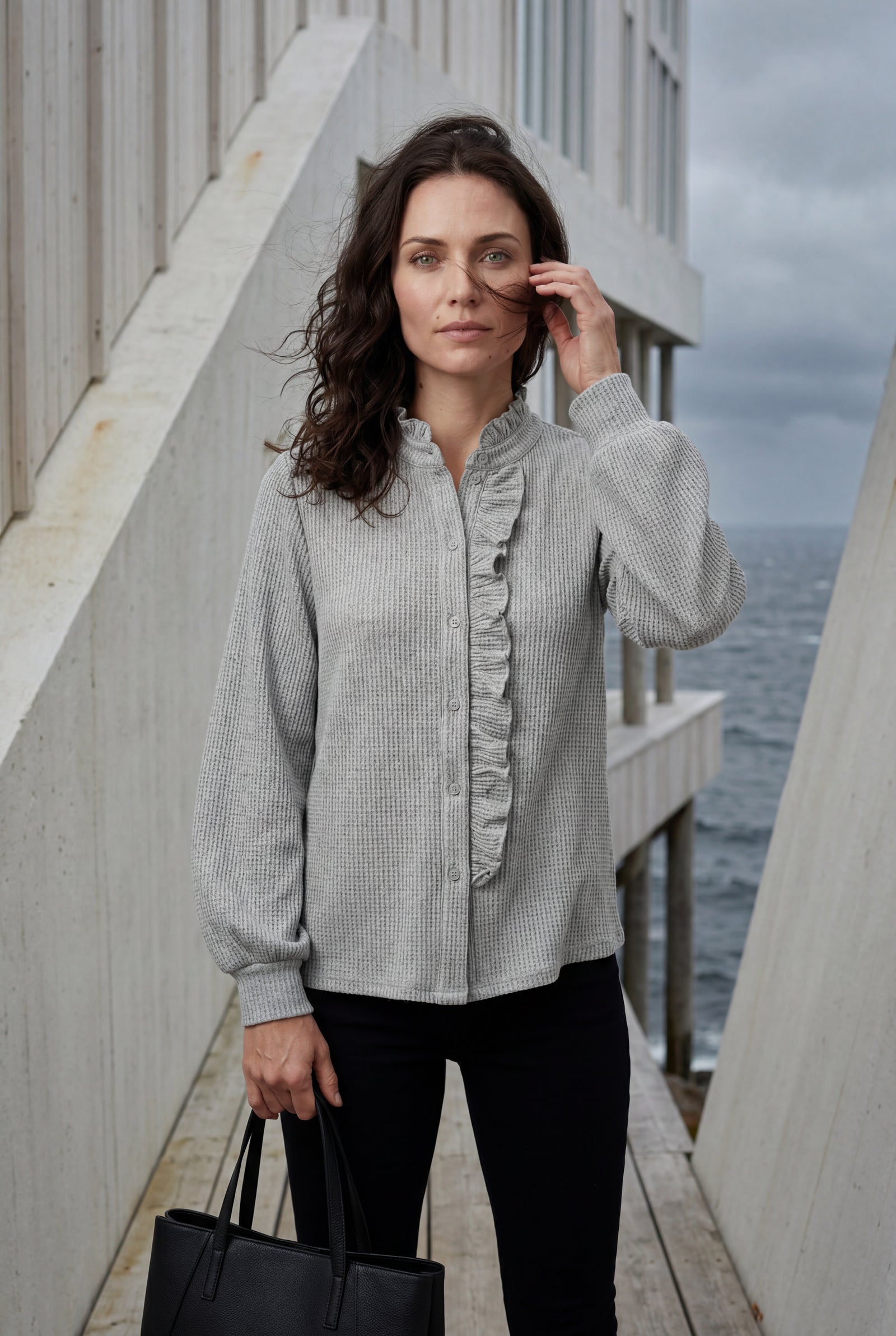 Gray Ruffle Trim Vertical Stripe Button-front Blouse - Blouses - Photo 11