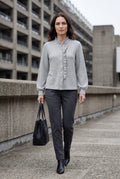 Gray Ruffle Trim Vertical Stripe Button-front Blouse - Blouses - Photo 5