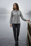 Gray Ruffle Trim Vertical Stripe Button-front Blouse - Blouses - Photo 9