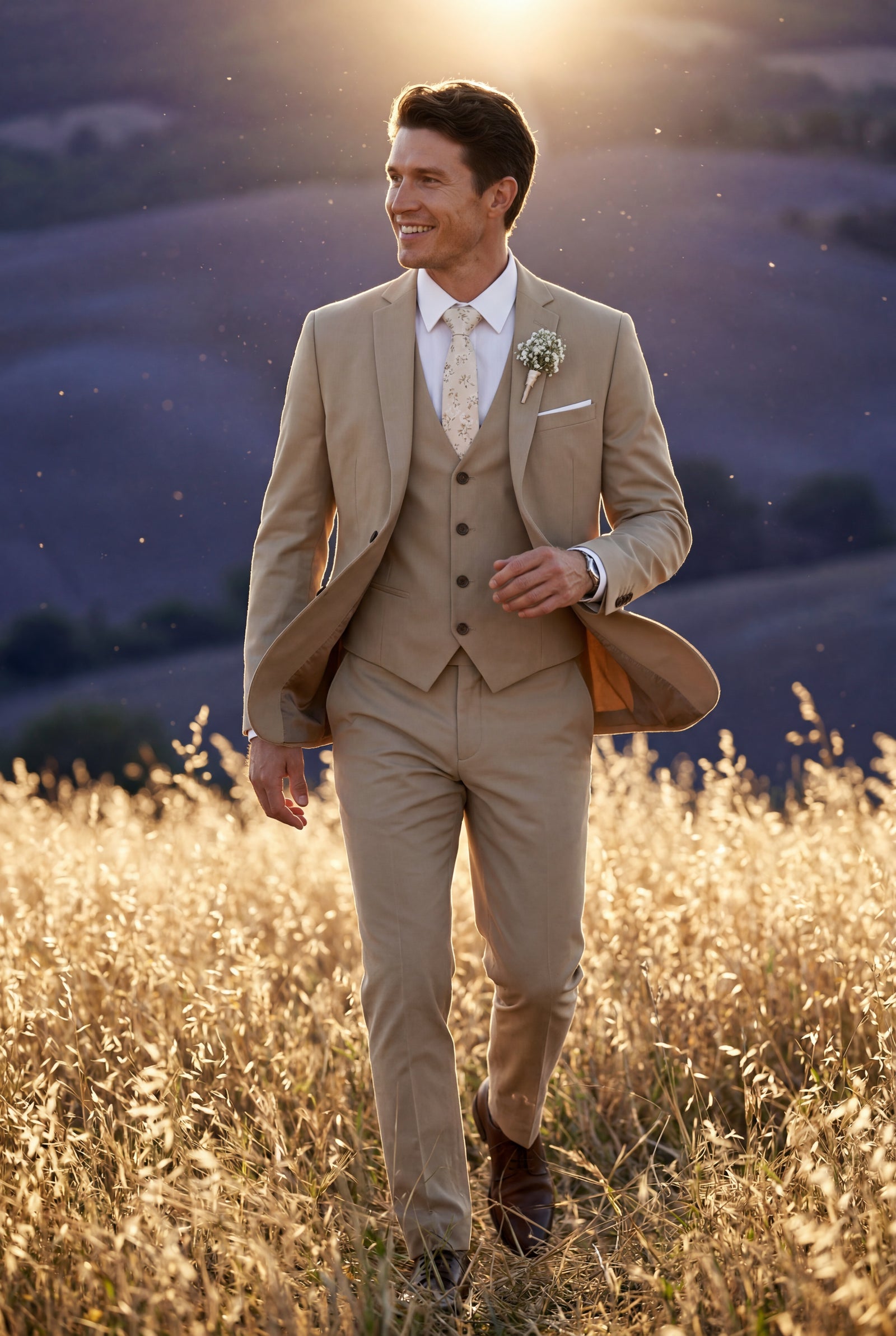 Beige Slim Fit Three Piece Wedding Suit with Vest - Wedding suits - Photo 14