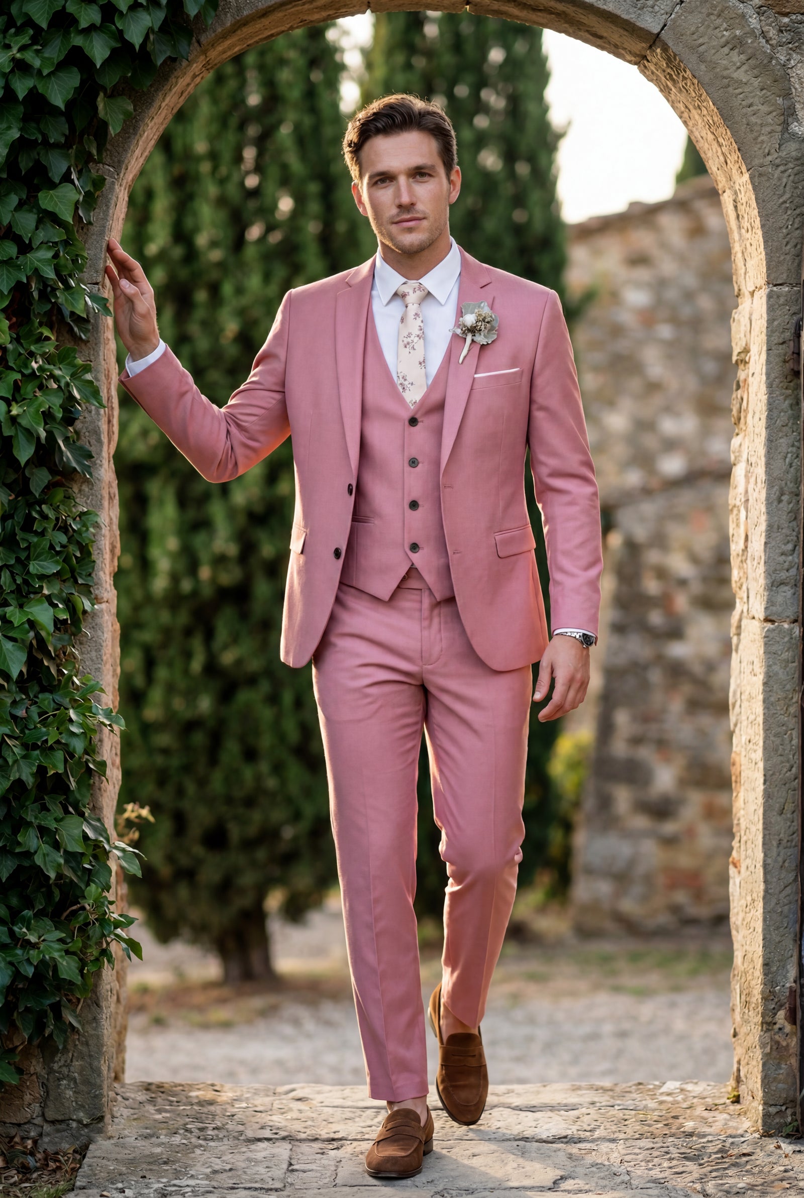 Pink Slim Fit Three Piece Wedding Suit with Vest - Wedding suits - Photo 19