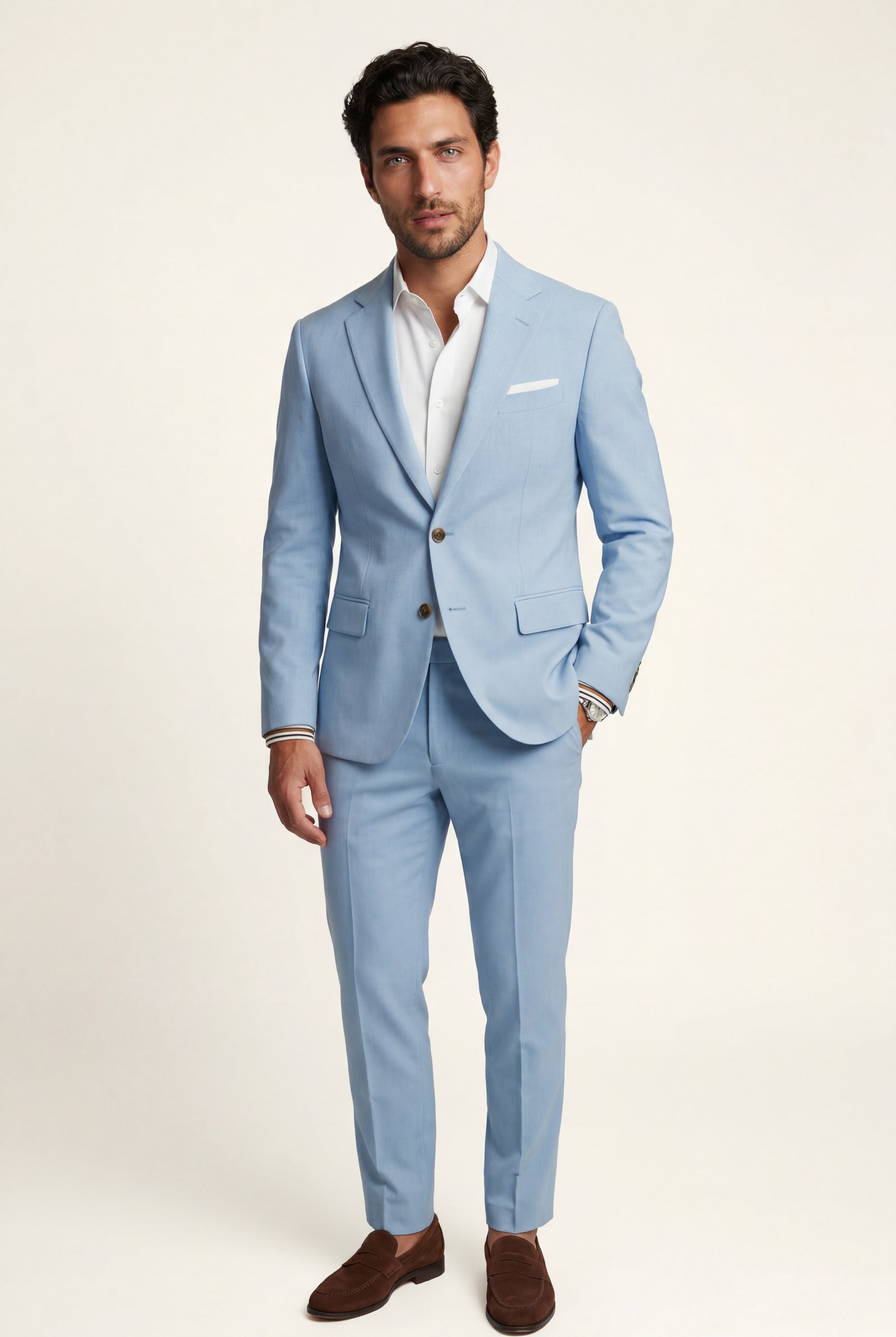 Light Blue Slim Tailored Suit with Notch Lapel and Tapered Trousers - Linen suit - Photo 5