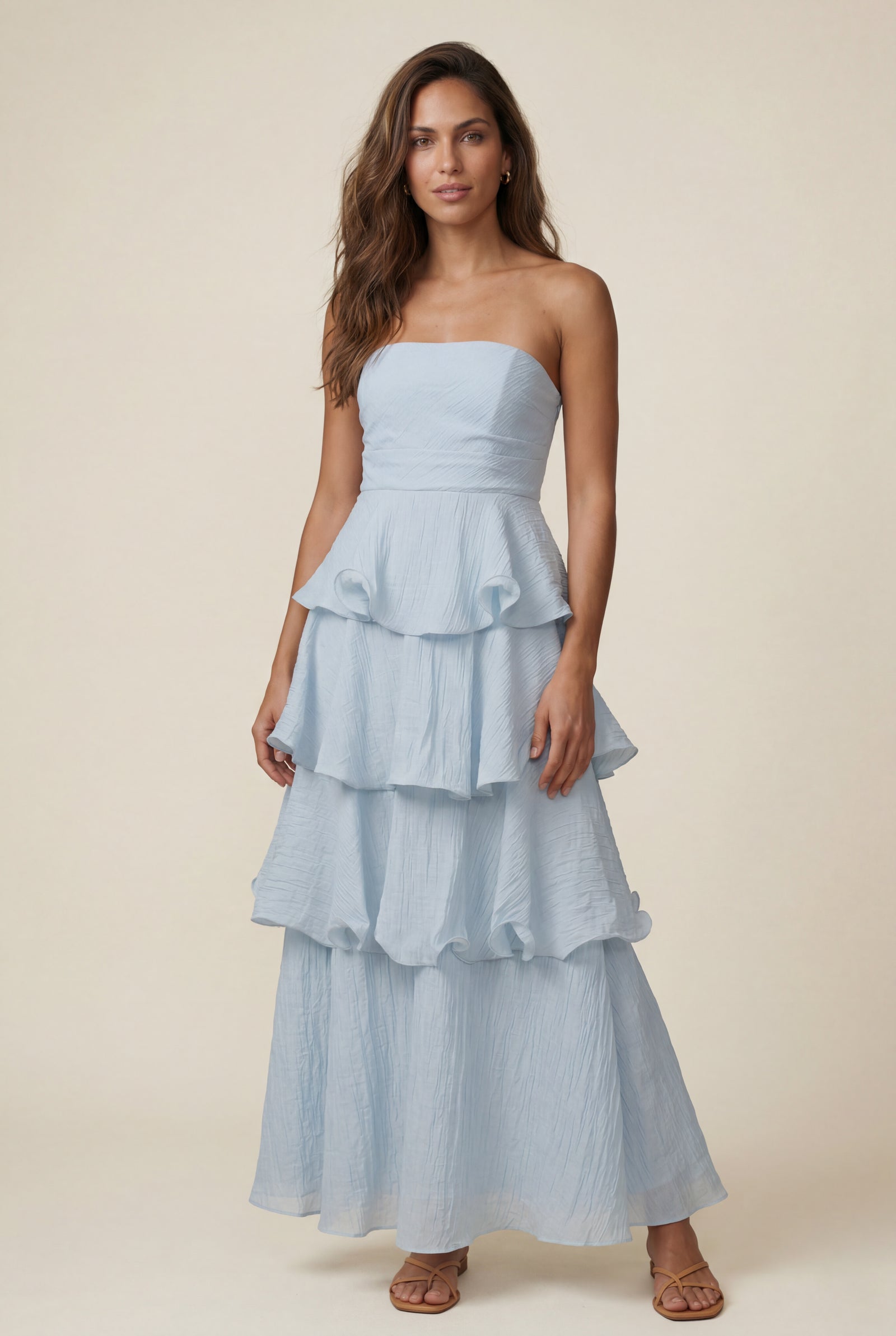 Light Blue Strapless Tiered Ruffle Maxi Dress - Photo 3