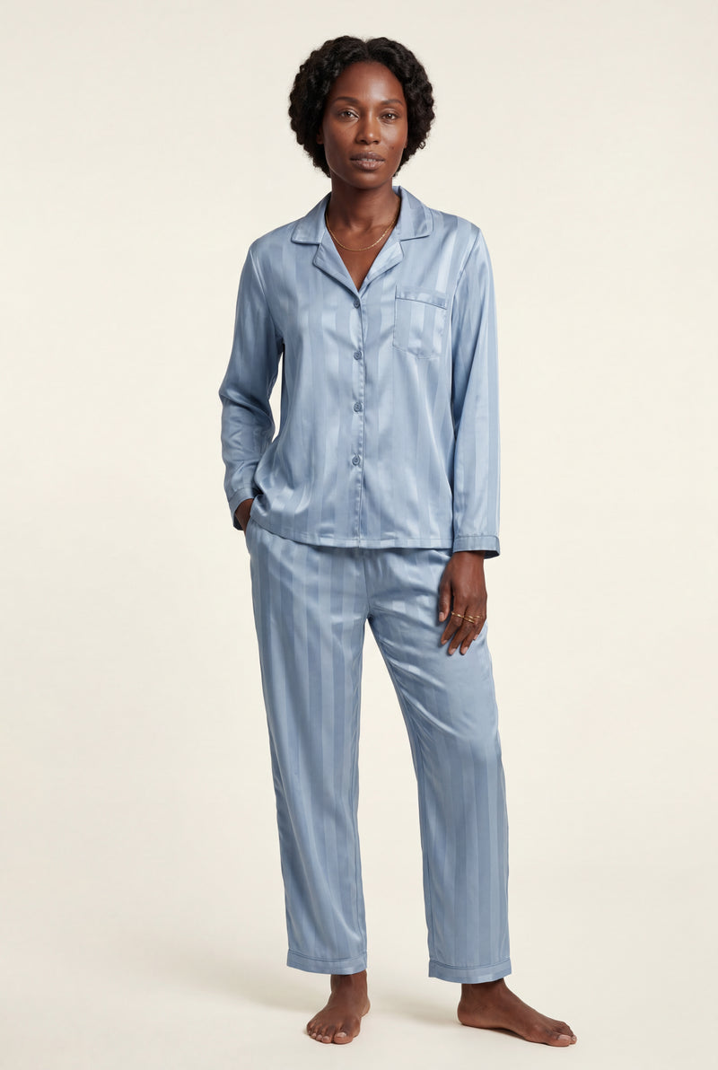 Light Blue Striped Button-up Pyjama Set with Relaxed Pants - Photo 2