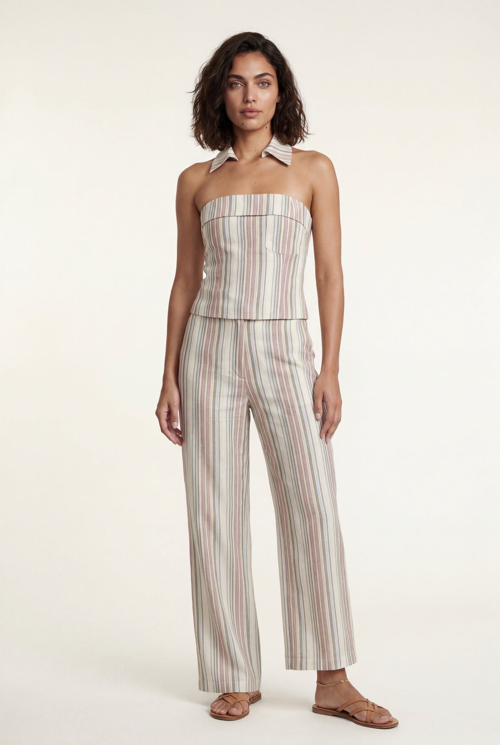 Light Blue Striped Halter Neck Two Piece Set with Wide Leg Pants - Photo 1